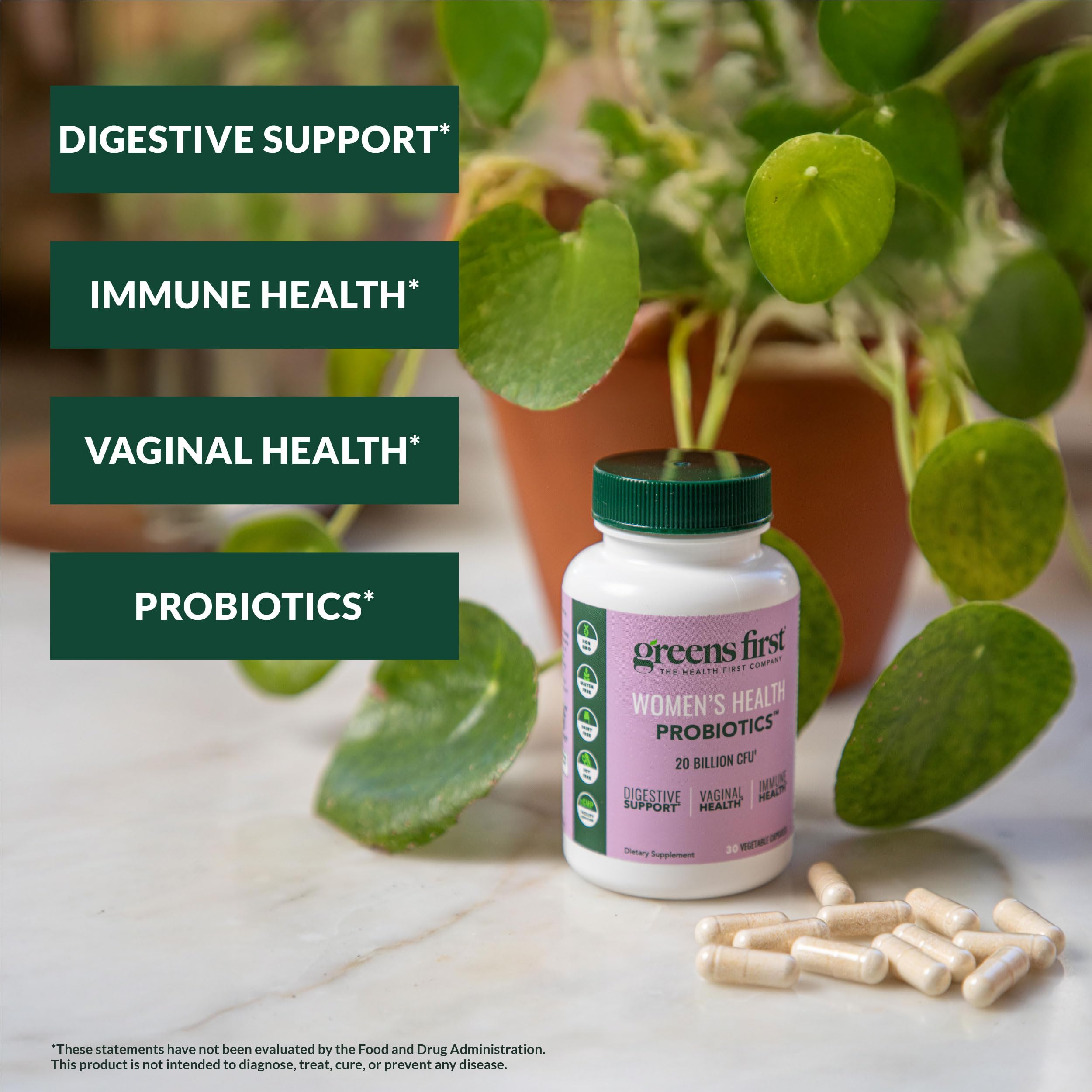 Greens First Women’s Health Probiotics capsules showing clean, dairy-free formula benefits.