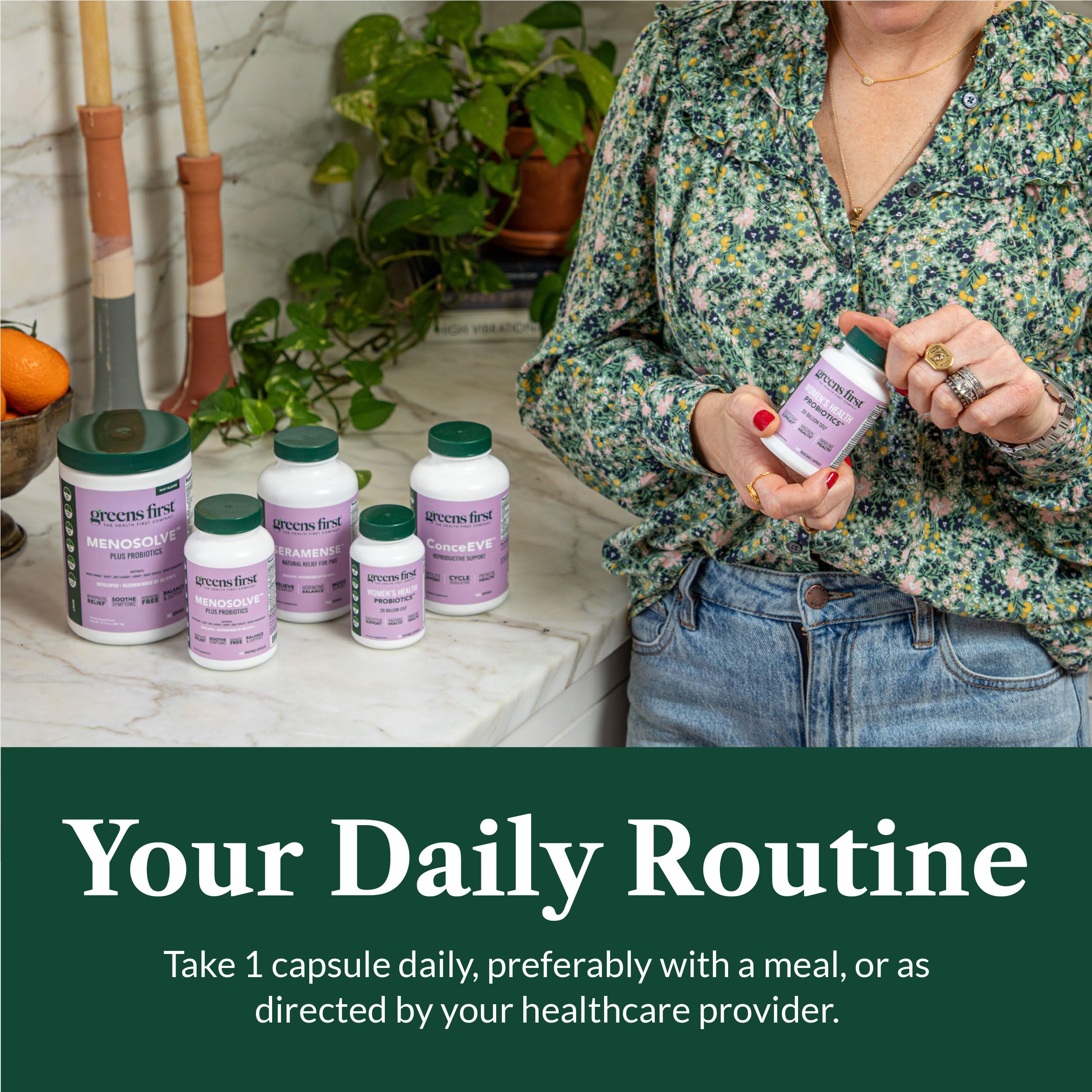 Greens First Women’s Health Probiotics digestive balance visual cue on bottle.