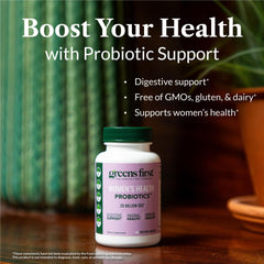 Greens First Women’s Health Probiotics label highlighting non-GMO, gluten-free claims.