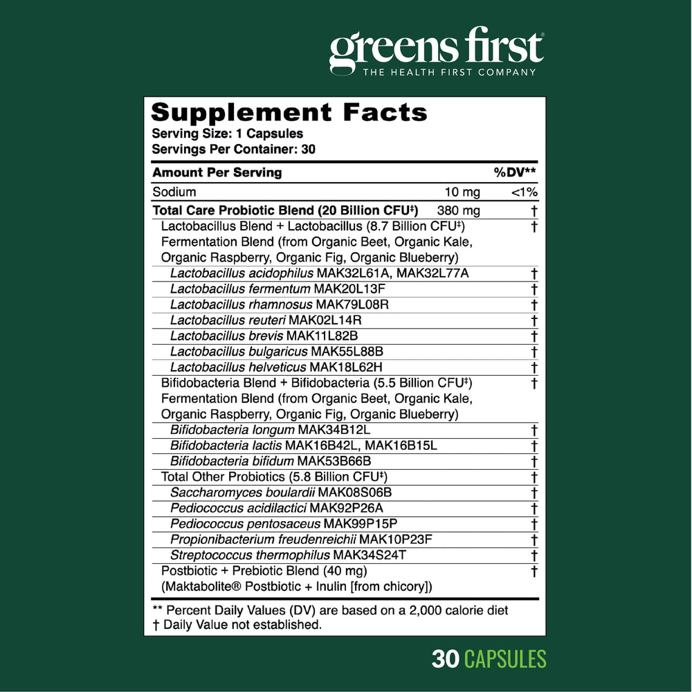 Greens First Women’s Health Probiotics non-GMO gluten-free claim emphasized.