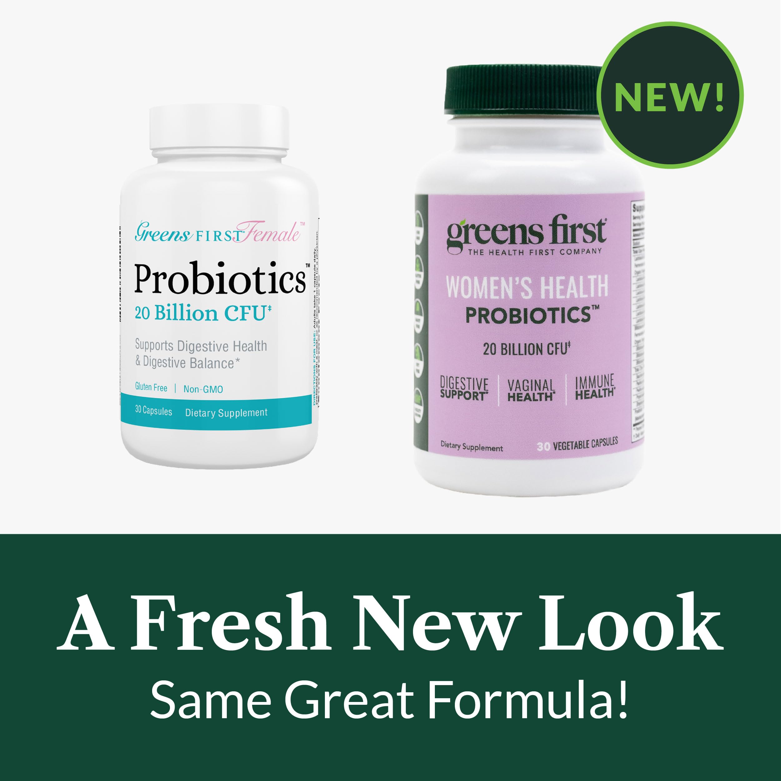 Greens First Women’s Health Probiotics packaging showing 30 vegetable capsules.
