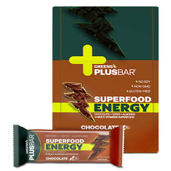 Greens+ Plusbar Energy Chocolate unwrap showing a convenient energy snack for busy days