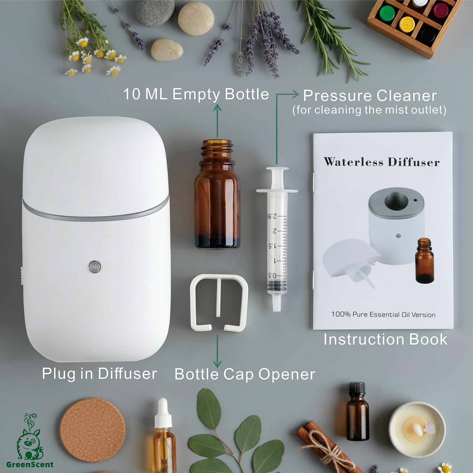 GreenScents dry mist technology preserves essential oils without heating for lasting fragrance.