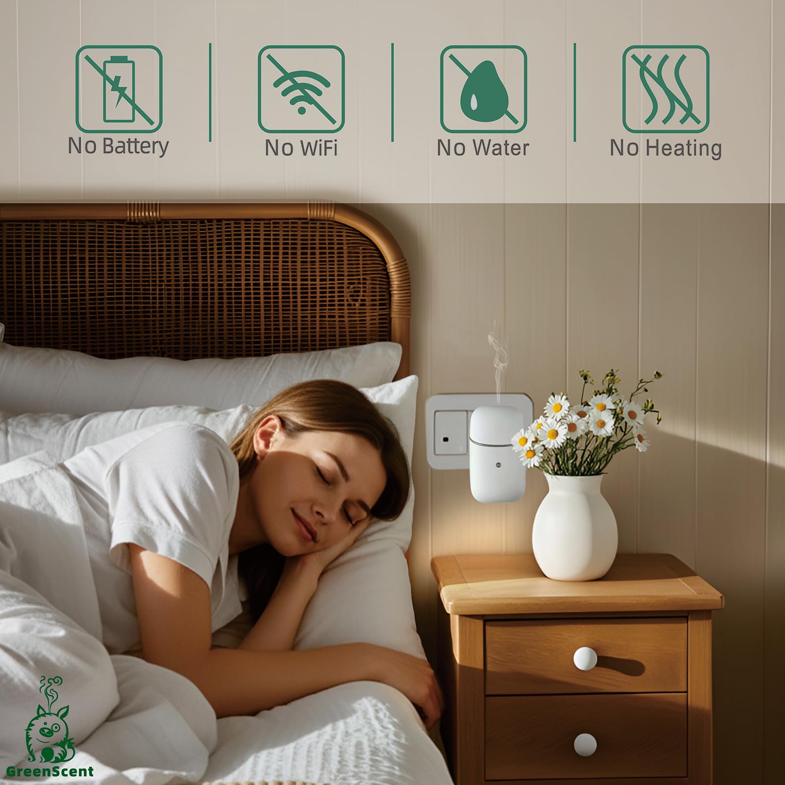 GREENSCENT diffuser features a soft night light for ambient mood and convenience.