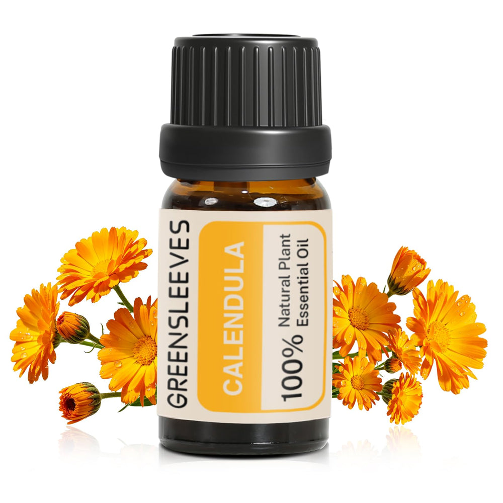 GREENSLEEVES Calendula essential oil in amber bottle preserves purity for lasting fragrance.