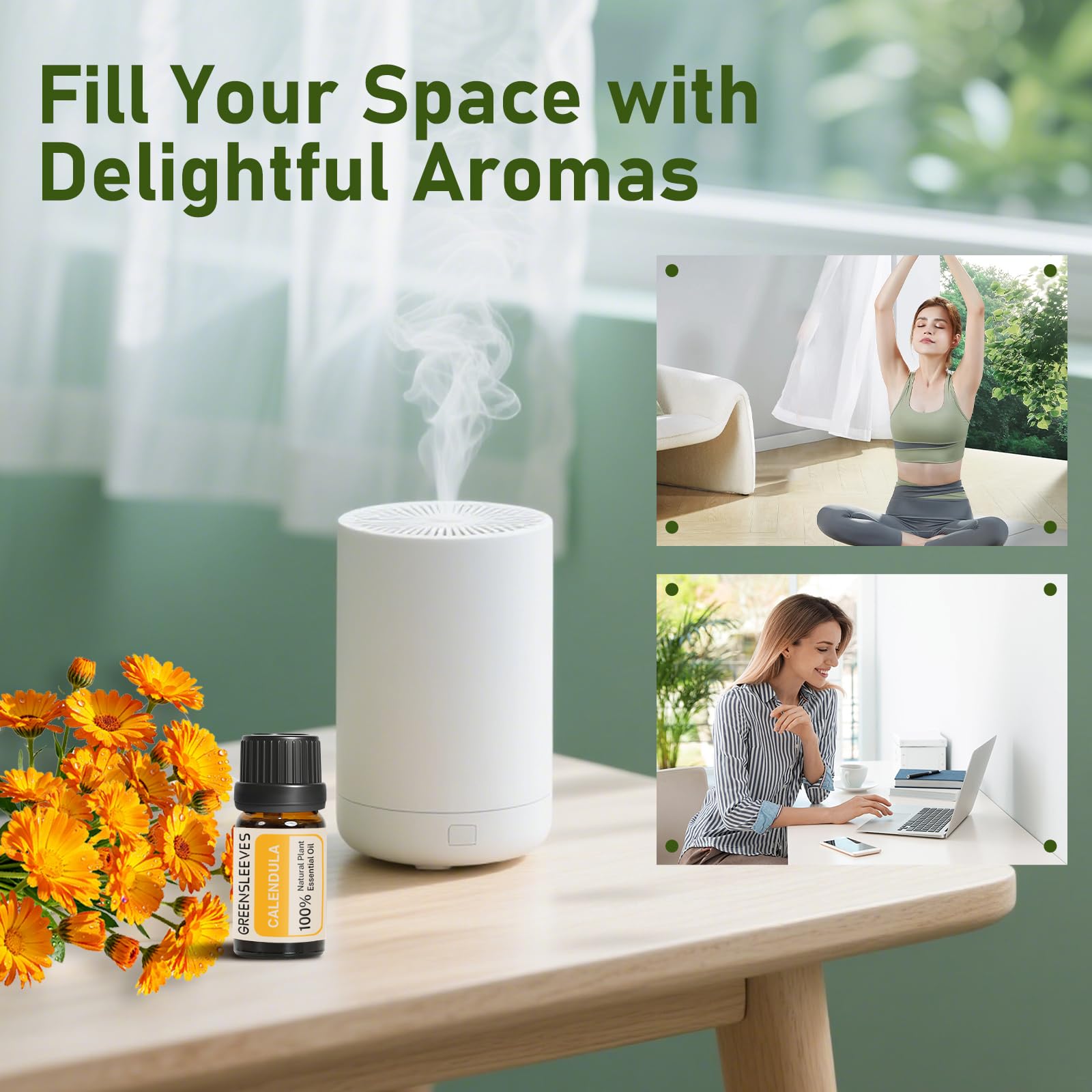 GREENSLEEVES Calendula oil candle-diffusion enhances scent projects.