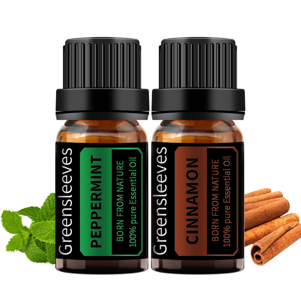 GREENSLEEVES Cinnamon essential oil bottle for diffusion and skincare.