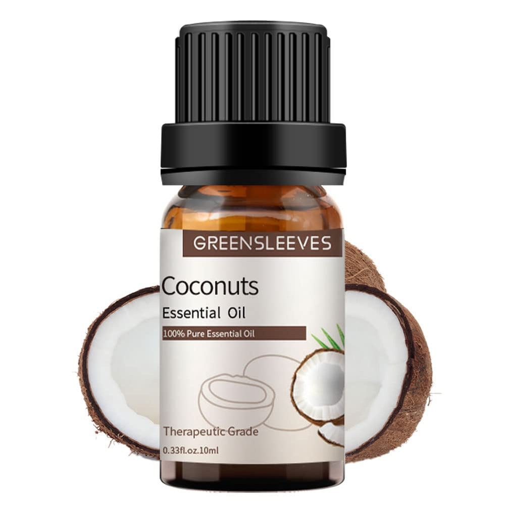 GREENSLEEVES Coconut Essential Oil bottle in amber glass for pure aromatherapy diffusion.
