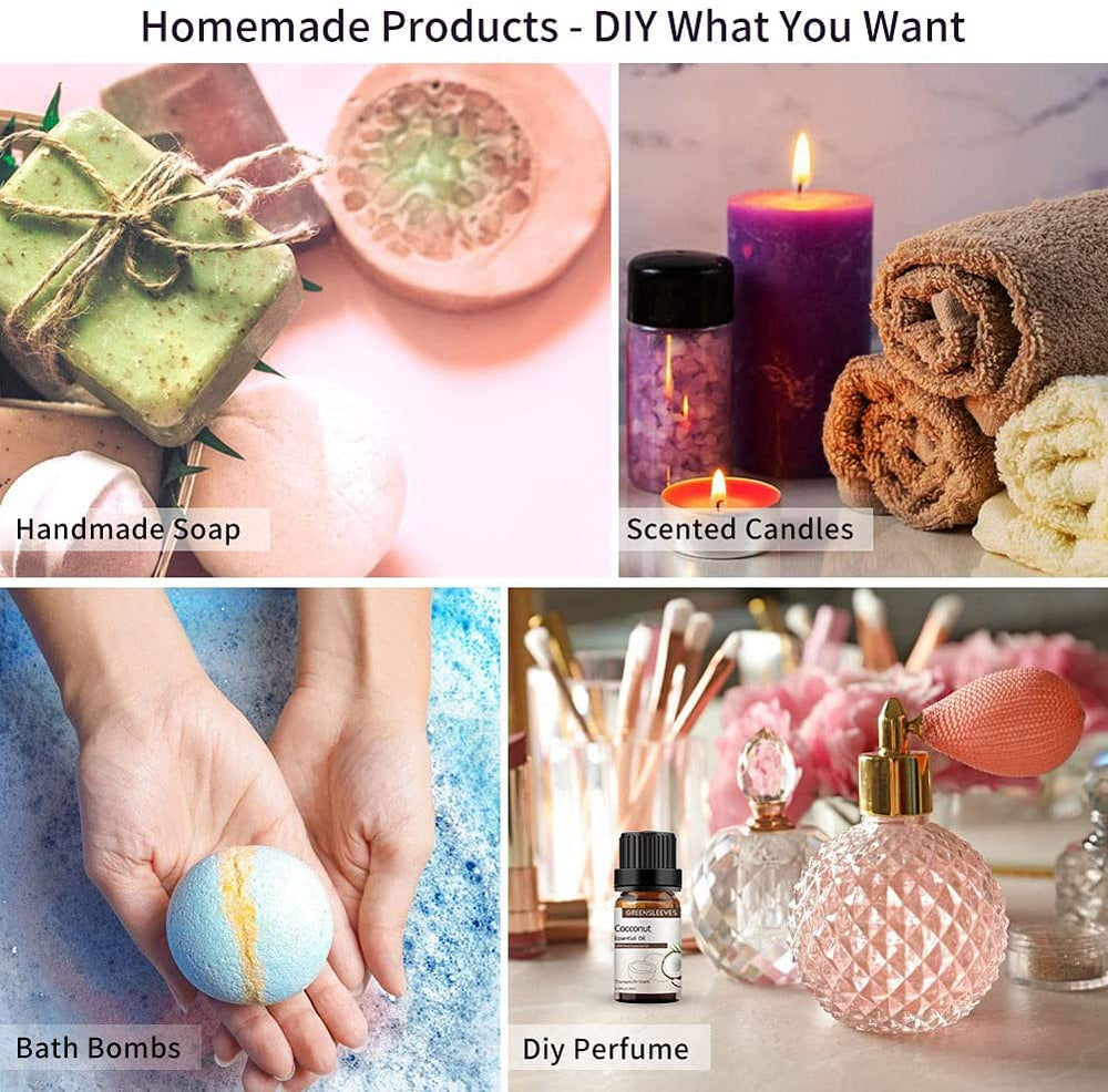 Soap crafting scene using GREENSLEEVES Coconut Essential Oil for natural scent.