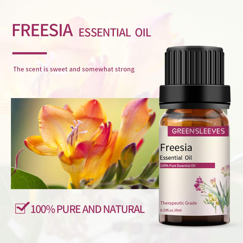 GREENSLEEVES Freesia amber glass bottle protects potency and enables precise dispensing.