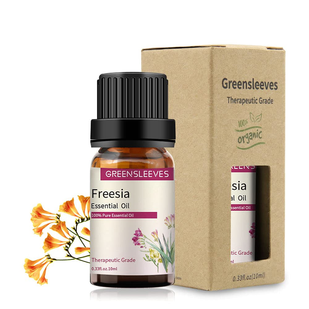 GREENSLEEVES Freesia essential oil bottle in amber glass protects purity and aroma.