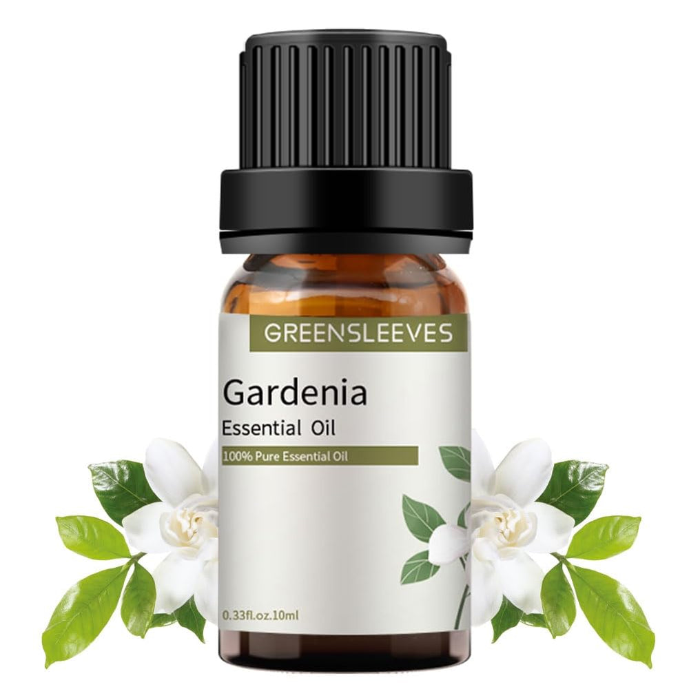 Greensleeves Gardenia essential oil bottle close-up for calming aromatherapy at home.