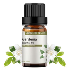 Greensleeves Gardenia essential oil bottle close-up for calming aromatherapy at home.