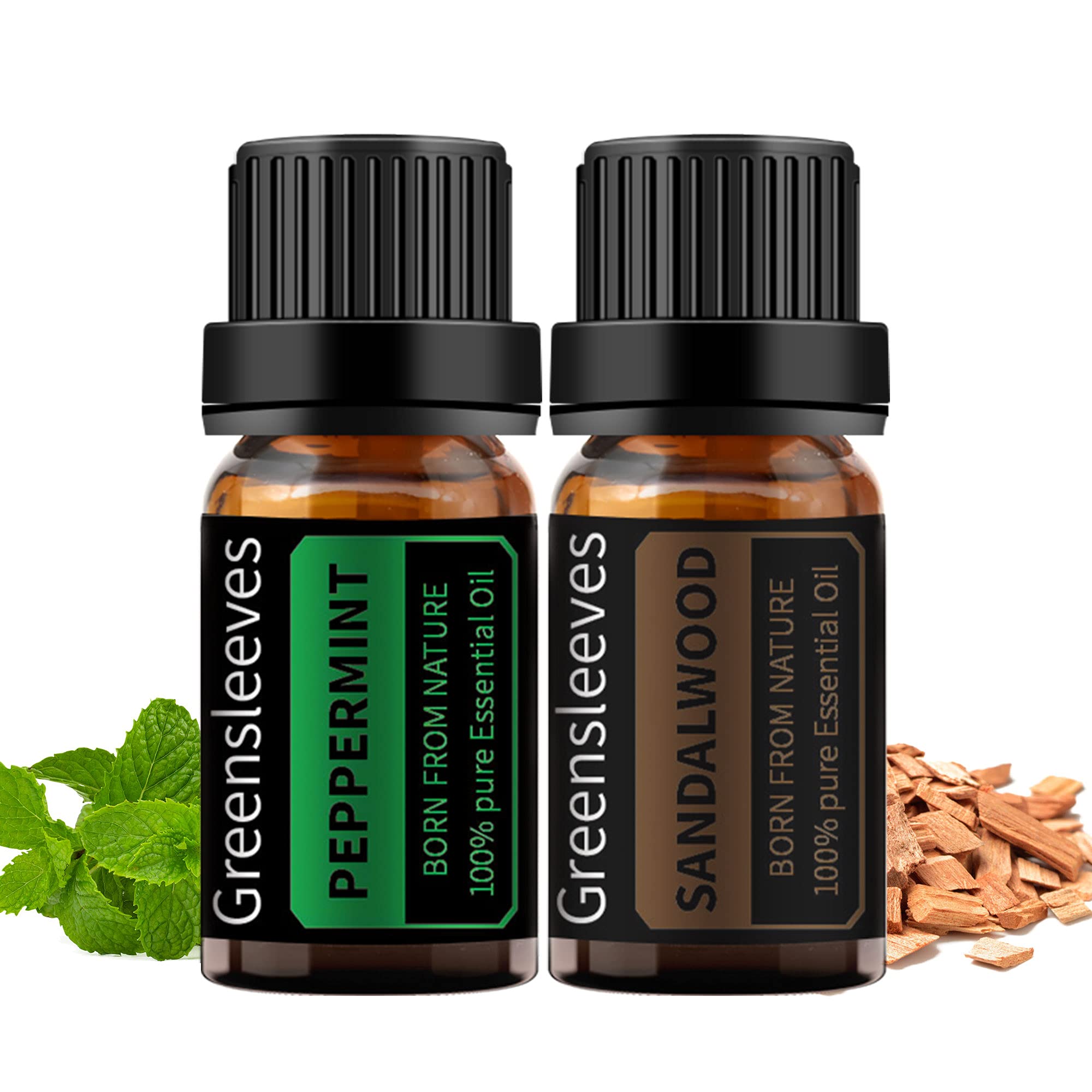 GREENSLEEVES sandalwood peppermint oil set in amber bottles for aromatherapy.