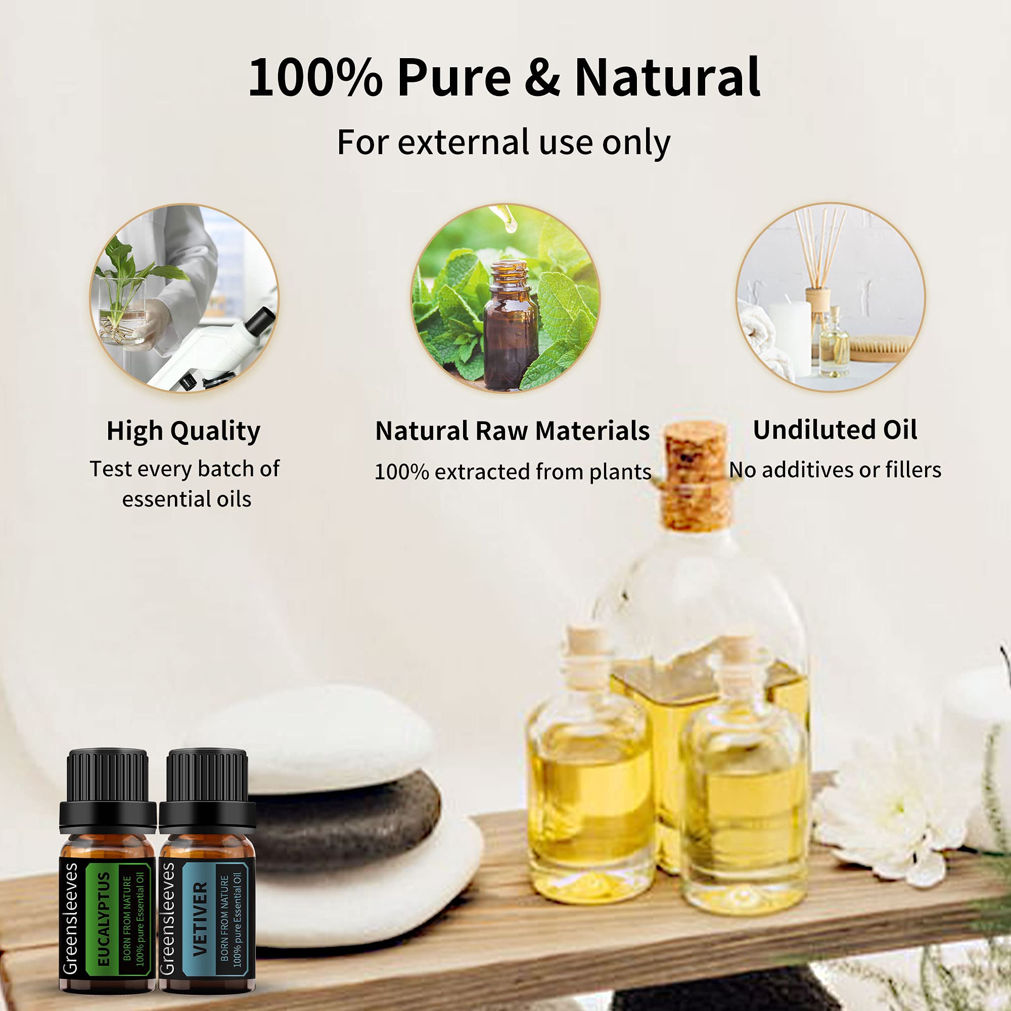 GREENSLEEVES Vetiver Eucalyptus oil set bath-scene invites soothing self-care moments.