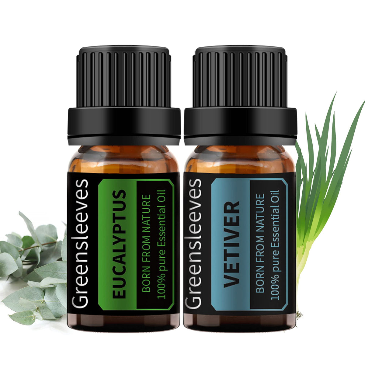 GREENSLEEVES Vetiver Eucalyptus oil set bottle-front for diffuser-ready calming ambiance.