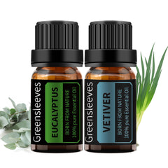 GREENSLEEVES Vetiver Eucalyptus oil set bottle-front for diffuser-ready calming ambiance.