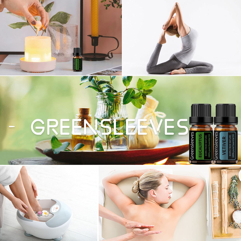 GREENSLEEVES Vetiver Eucalyptus oil set skin-care-application blends with carriers for nourishment.