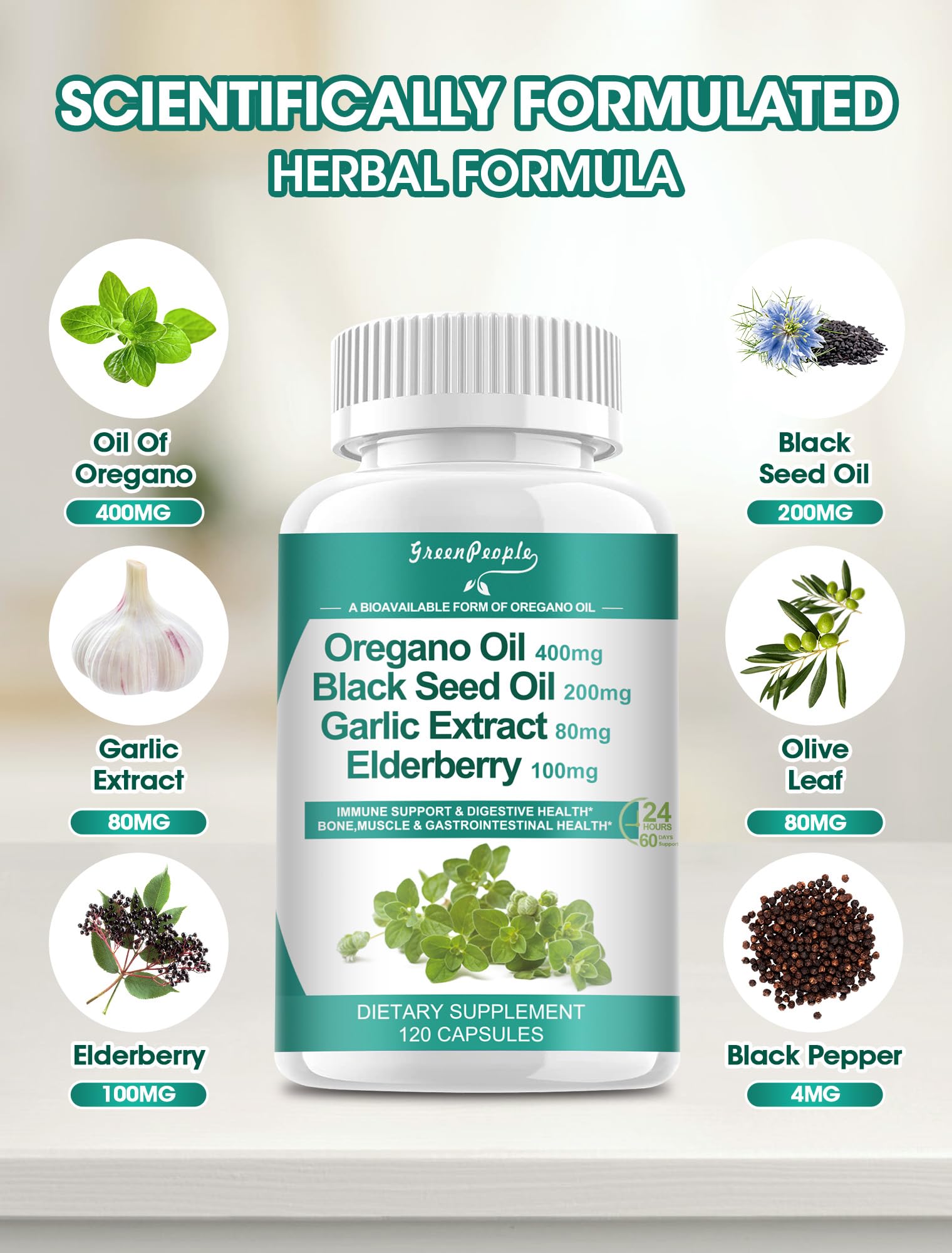 GREENPEOPLE oregano oil capsules label showing 11-in-1 blend