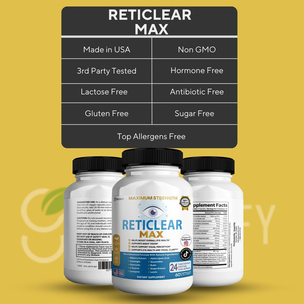 GREENVIFY Reticlear Max capsules image suggests easy two-per-day dosage