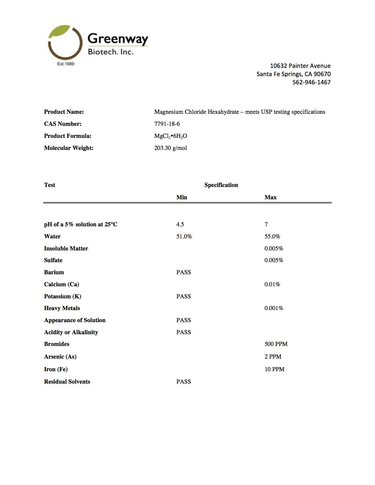 Greenway Biotech magnesium chloride USP from Dead Sea origin nutrient source.