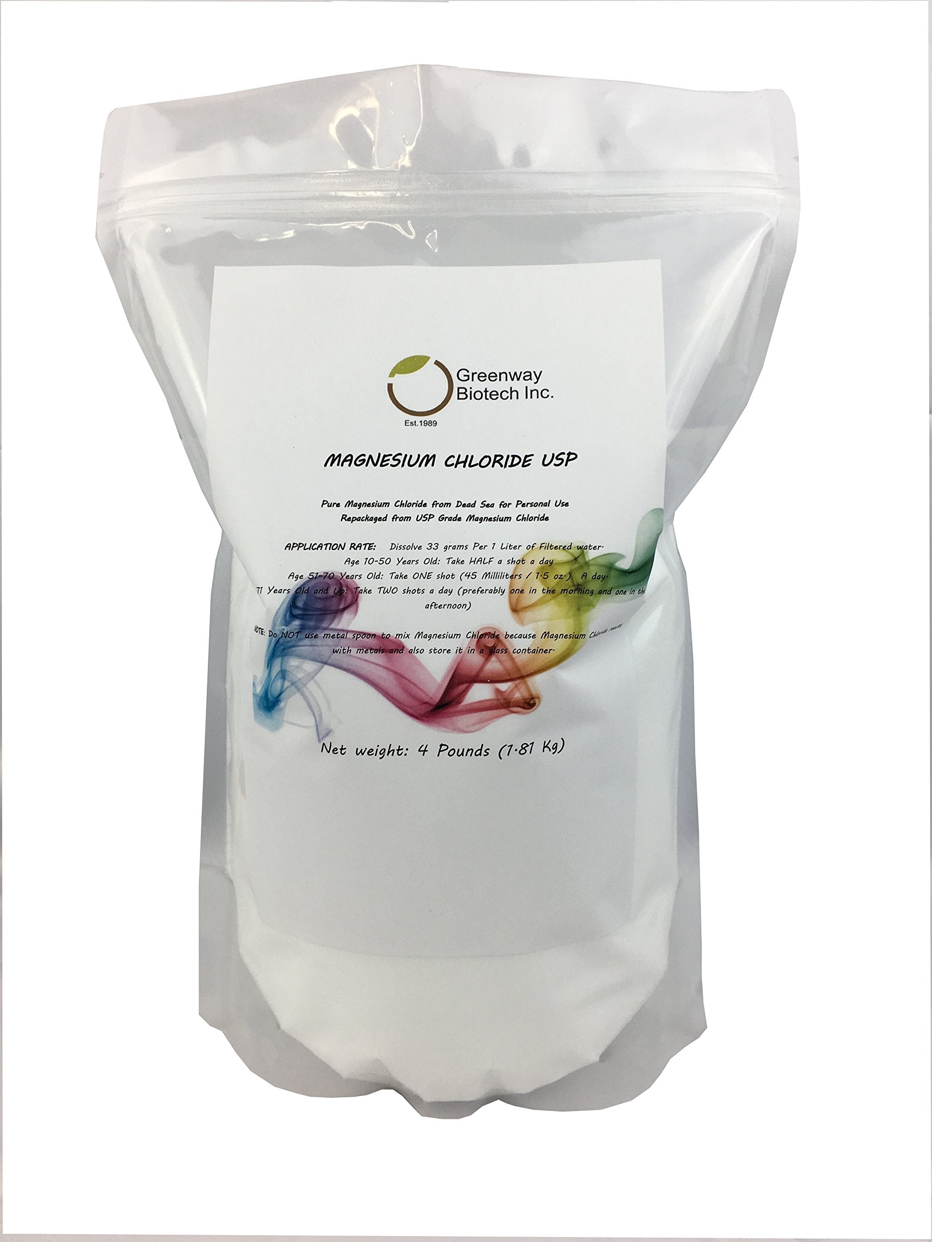 Greenway Biotech magnesium chloride USP powder bottle pouring for easy daily intake.