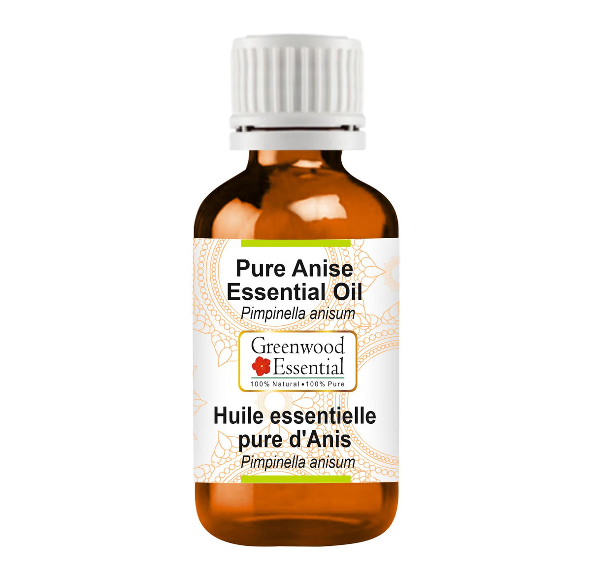 Greenwood Essential Anise Oil bottle close-up highlights pure aroma and quality.