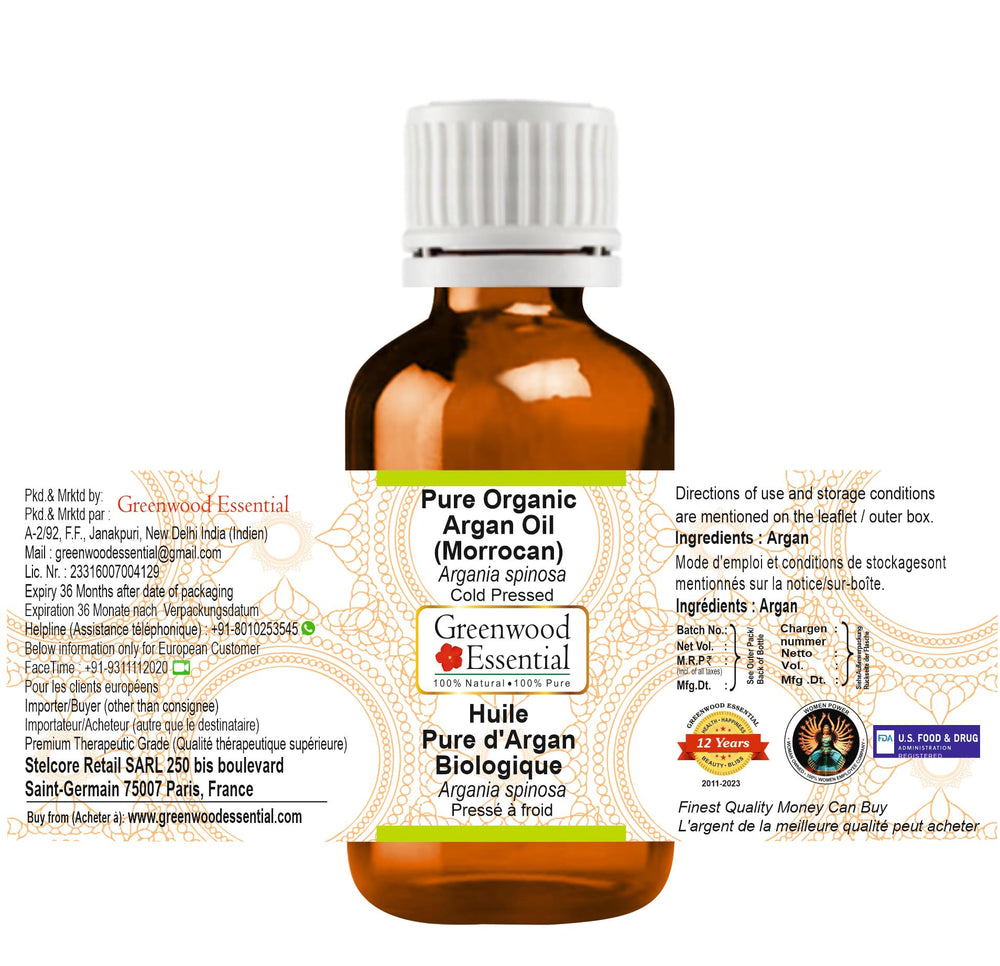 Greenwood Essential Argan Oil amber bottle front view showing compact size.