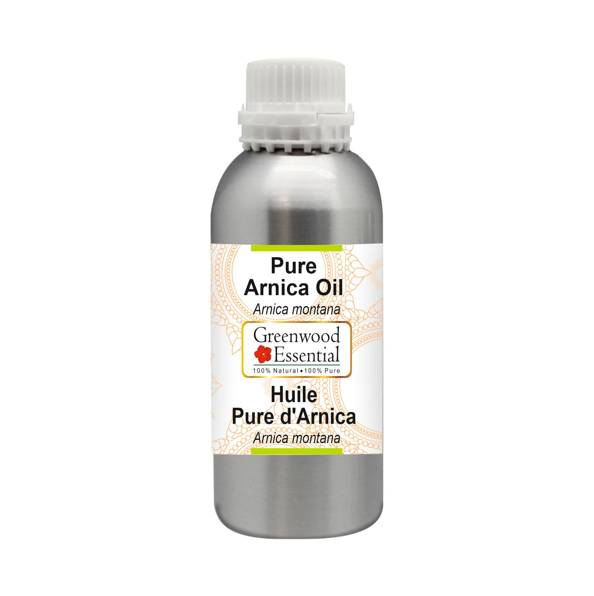 Greenwood Essential Arnica Oil bottle showcases premium packaging preserving potency.