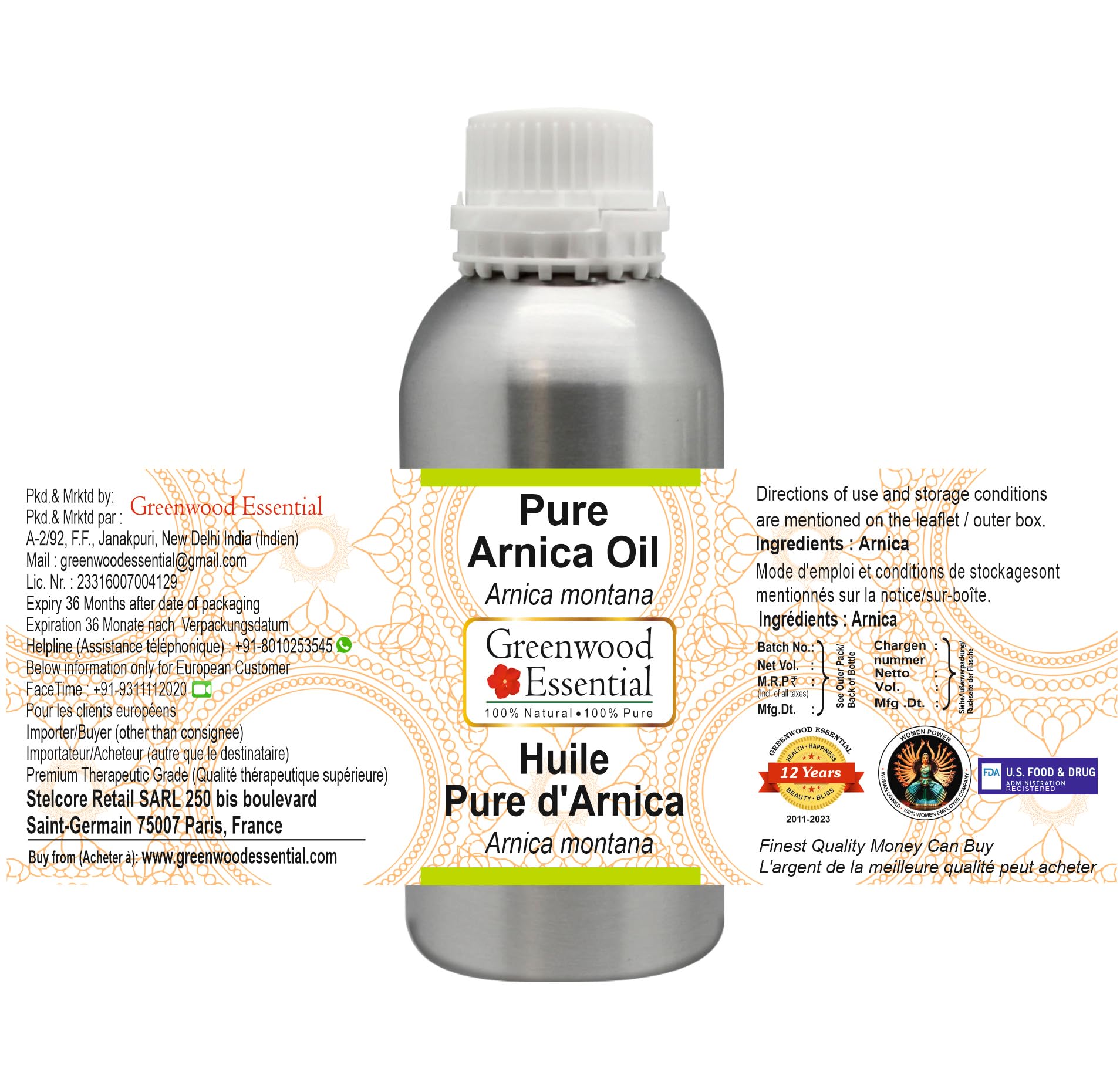Greenwood Essential Arnica Oil pour demonstrates quick absorption and fragrance-free formula.