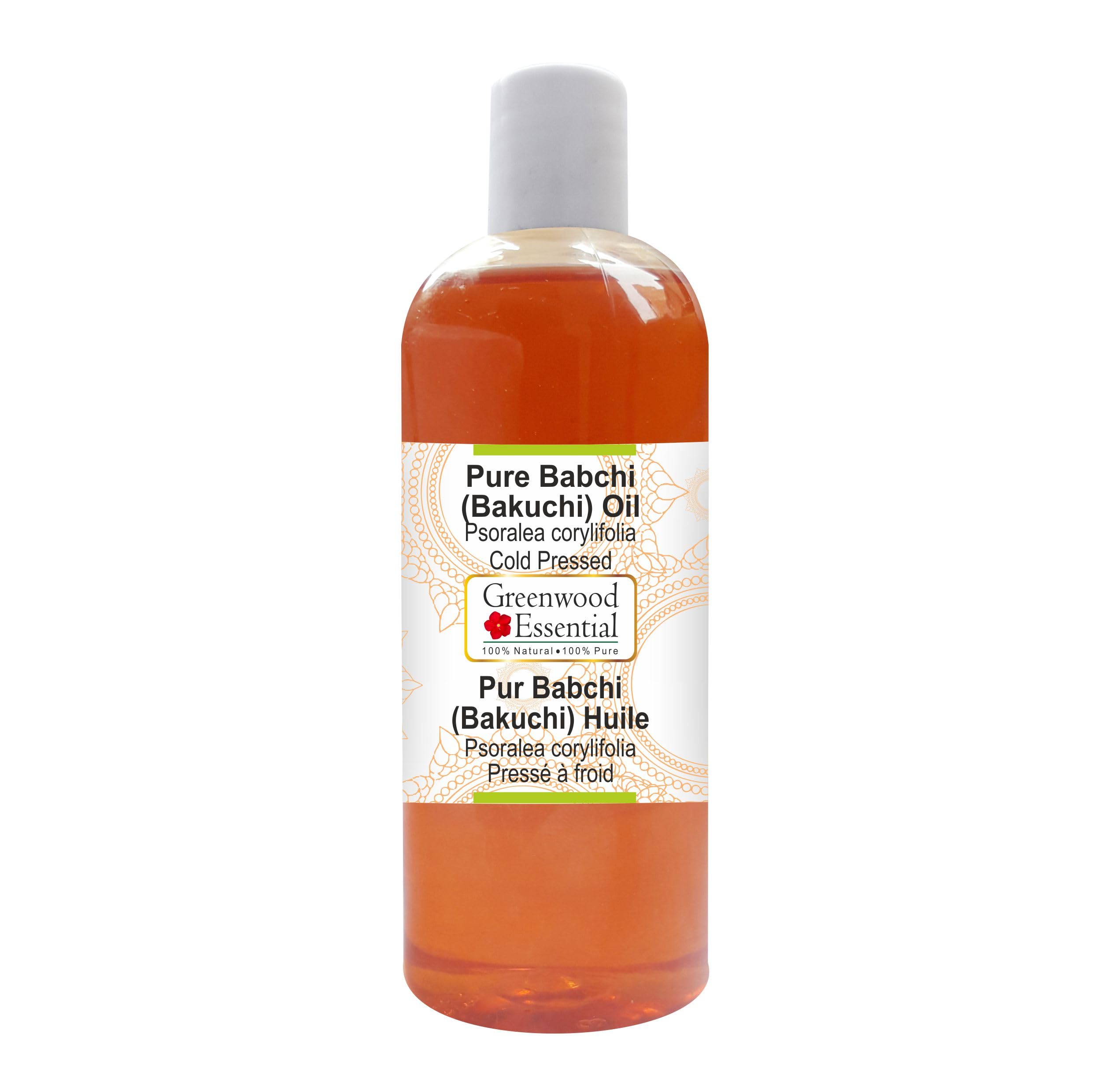 Greenwood Essential Babchi Oil bottle closeup showing pure, potent oil suitable for skin care.