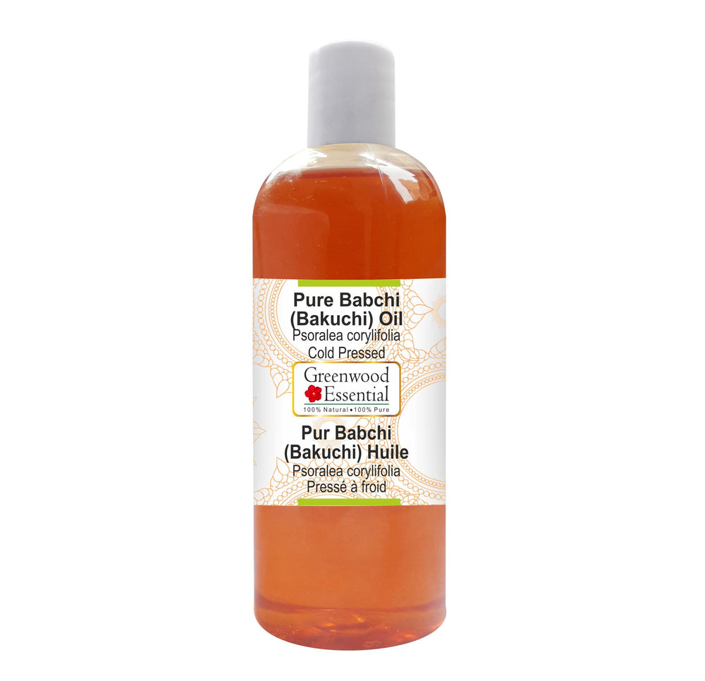 Greenwood Essential Babchi Oil bottle closeup showing pure, potent oil suitable for skin care.