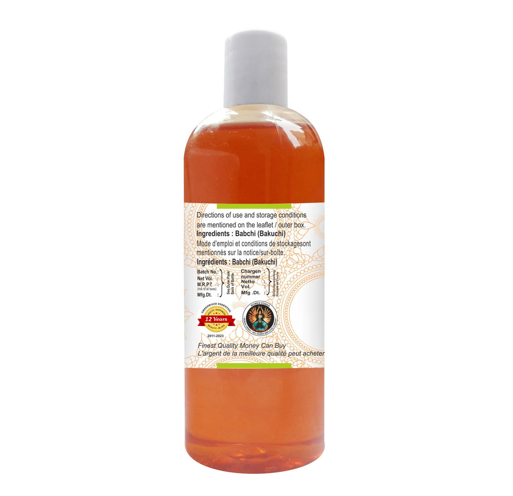 Greenwood Essential Babchi Oil bottle with dropper showing application for skincare.