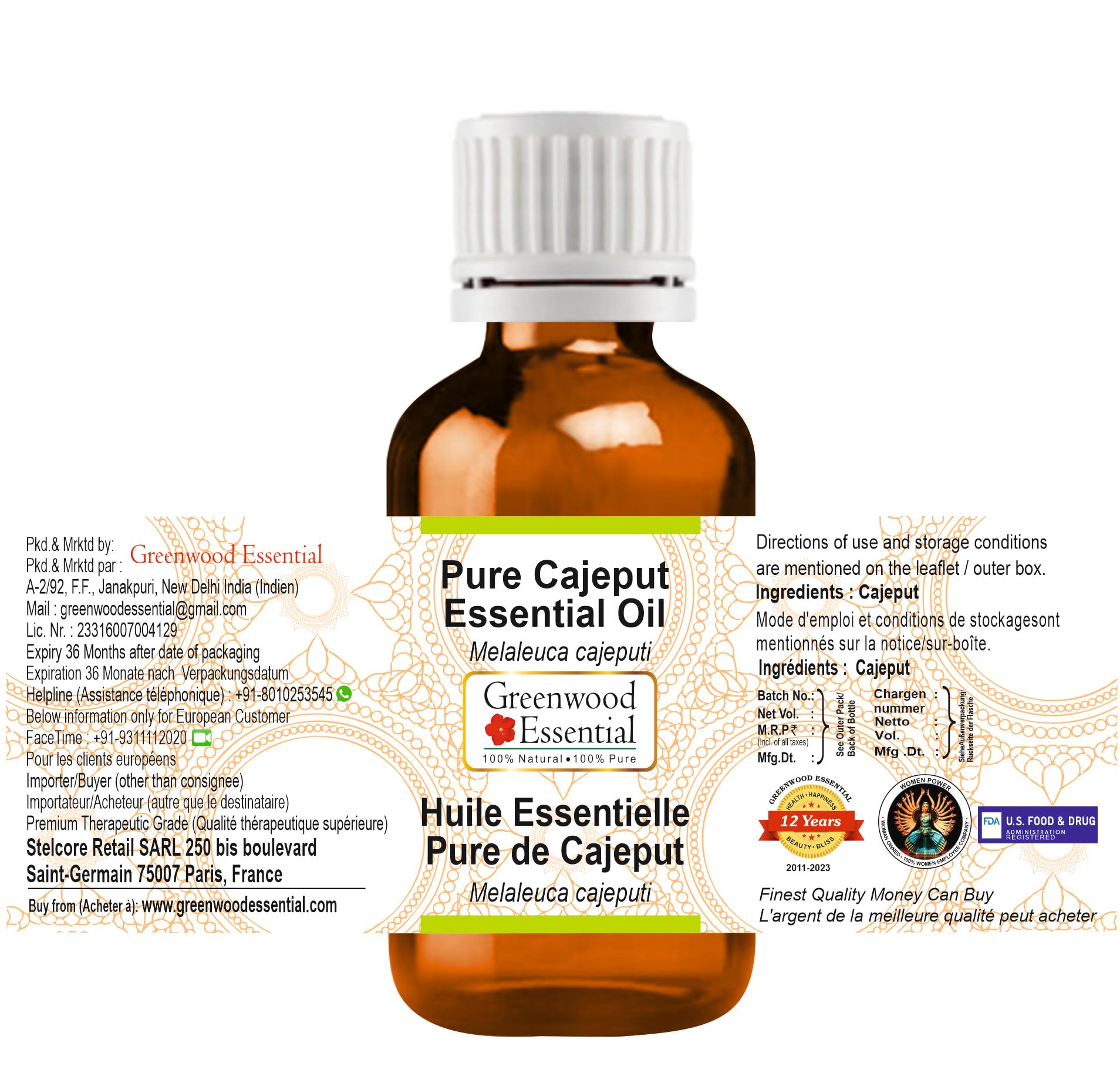 Steam distillation label highlights pure Melaleuca cajeputi oil for quality