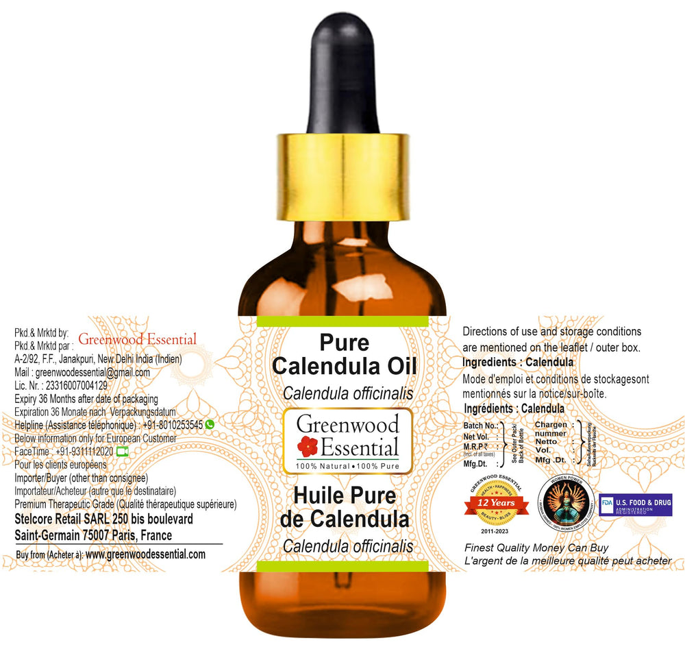 Greenwood Essential Calendula Oil dropper pour demonstrates easy dosing and mess-free use.