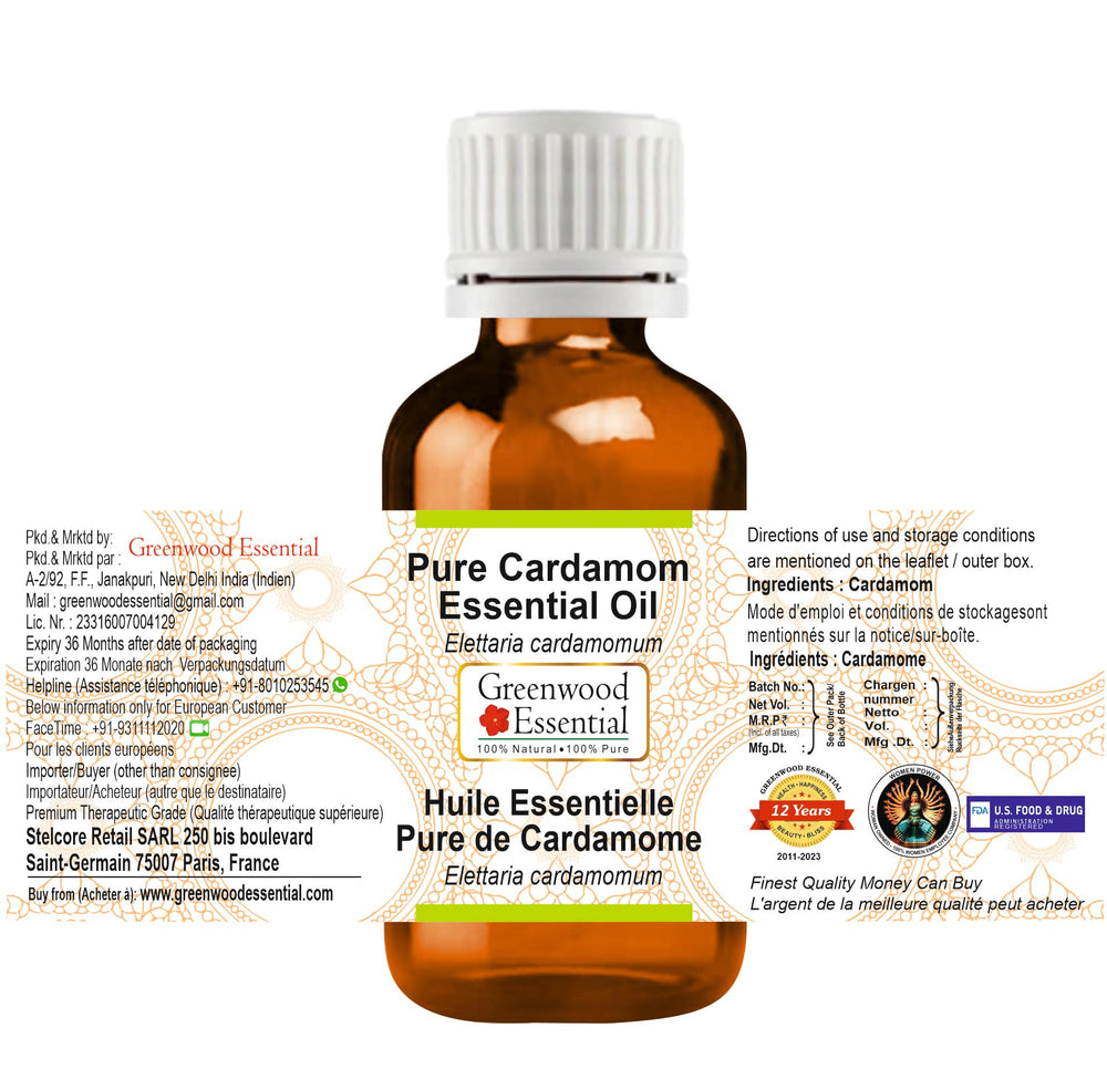 Greenwood Essential Cardamom Oil bottle pour demonstrates easy drop release.