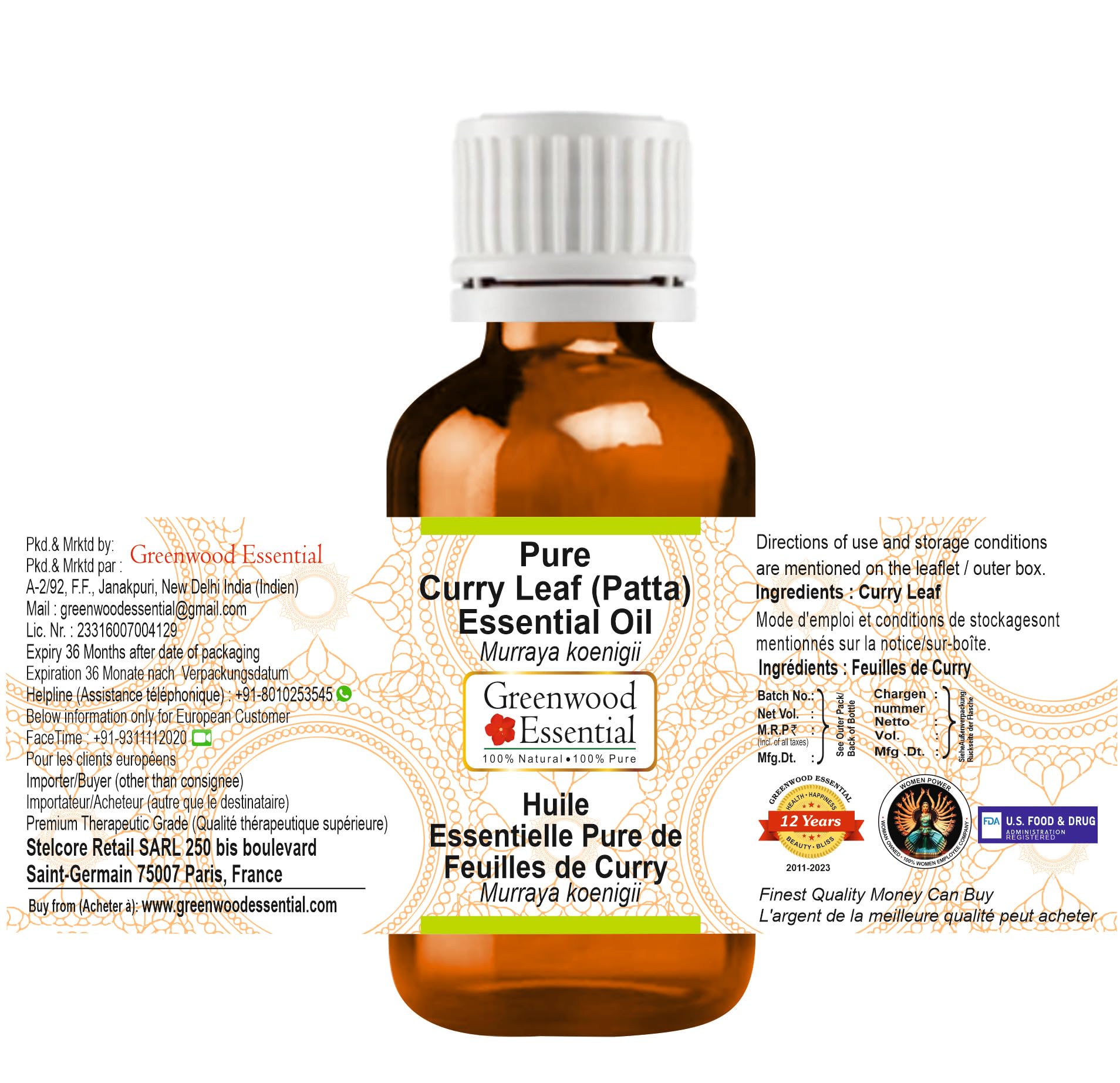 Greenwood Essential curry leaf oil drops illustrating precise dosing for carrier oil blends.
