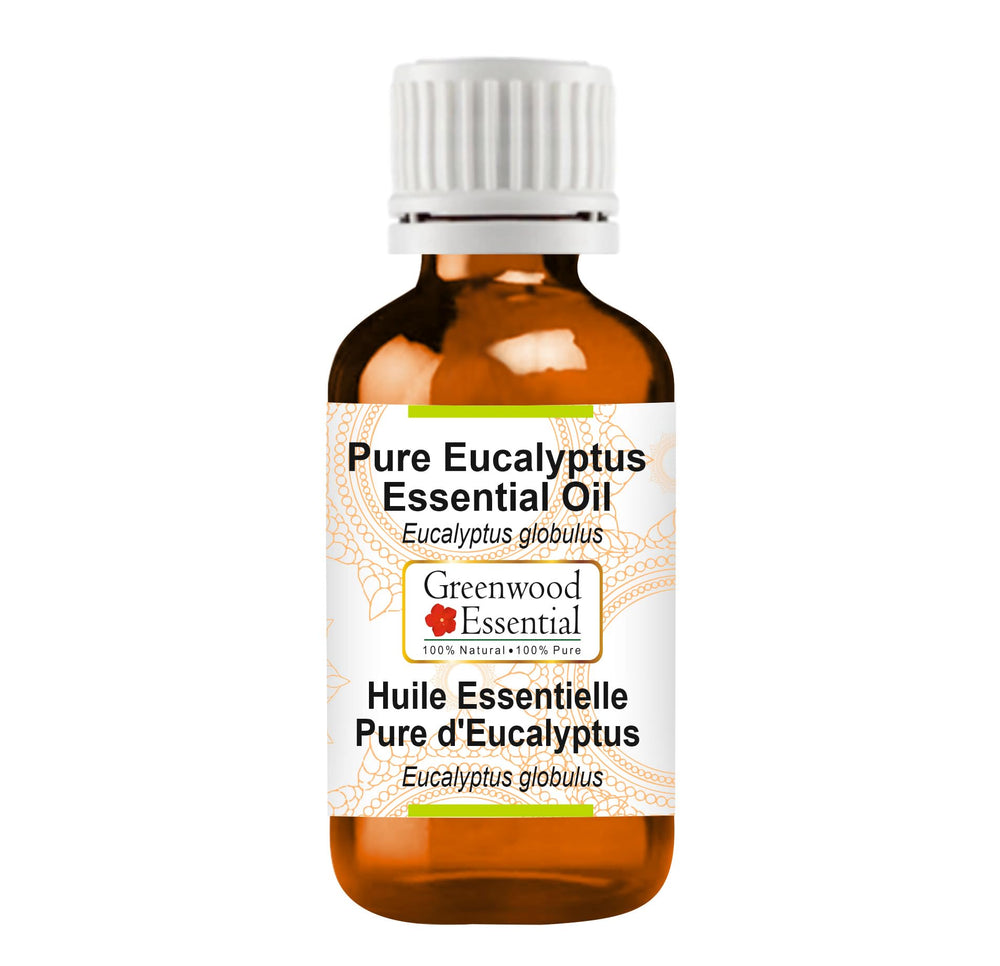Greenwood Essential eucalyptus oil bottle front highlighting pure packaging and label