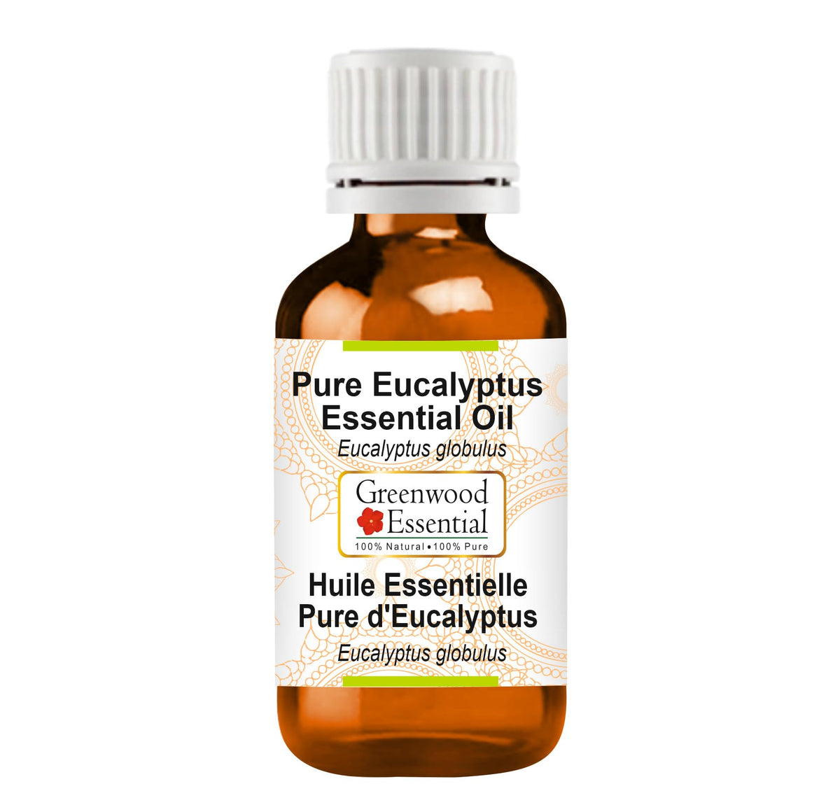Greenwood Essential eucalyptus oil bottle front highlighting pure packaging and label