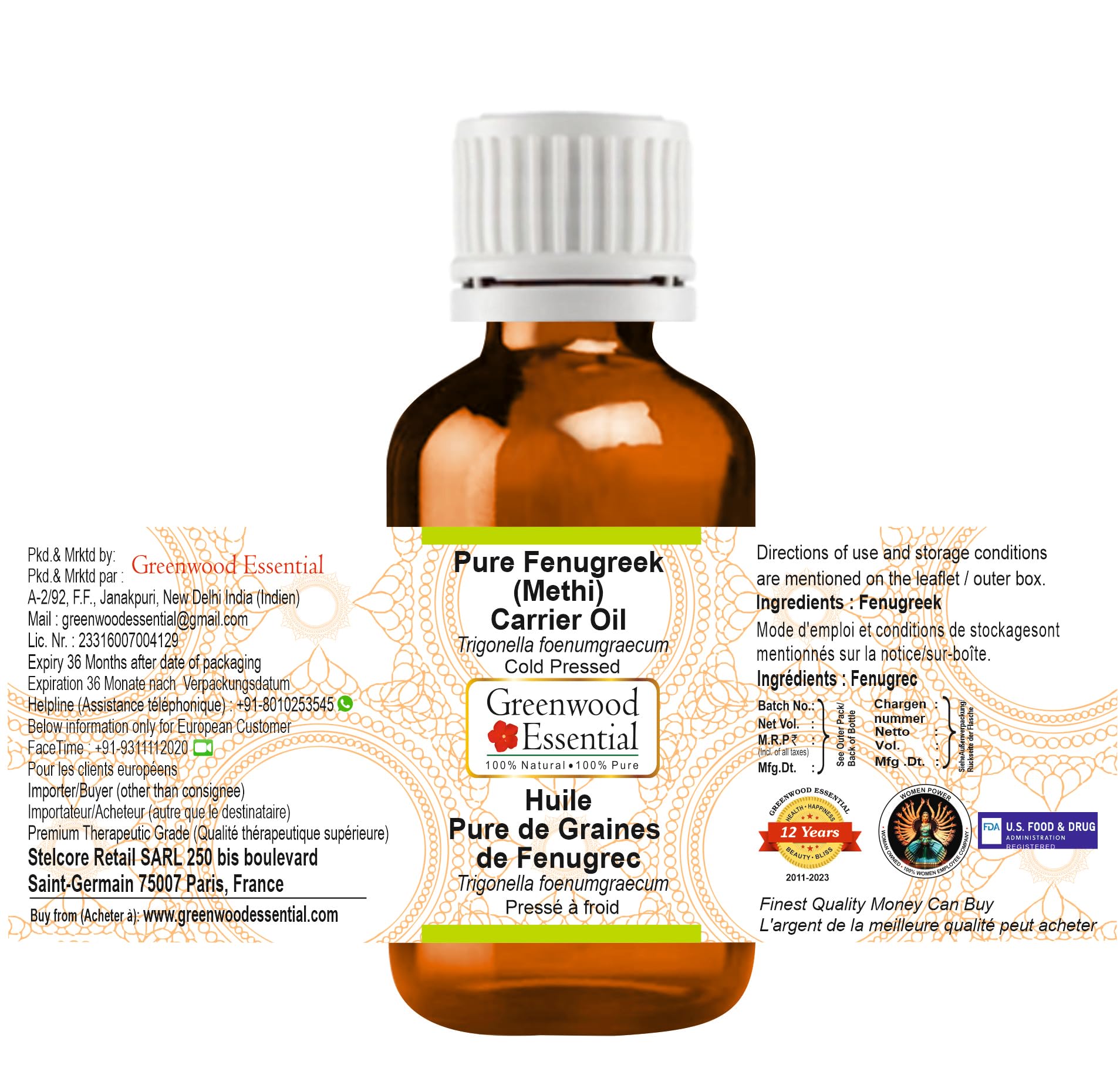 Close-up of Greenwood Essential Fenugreek Oil bottle highlighting purity for DIY blends.