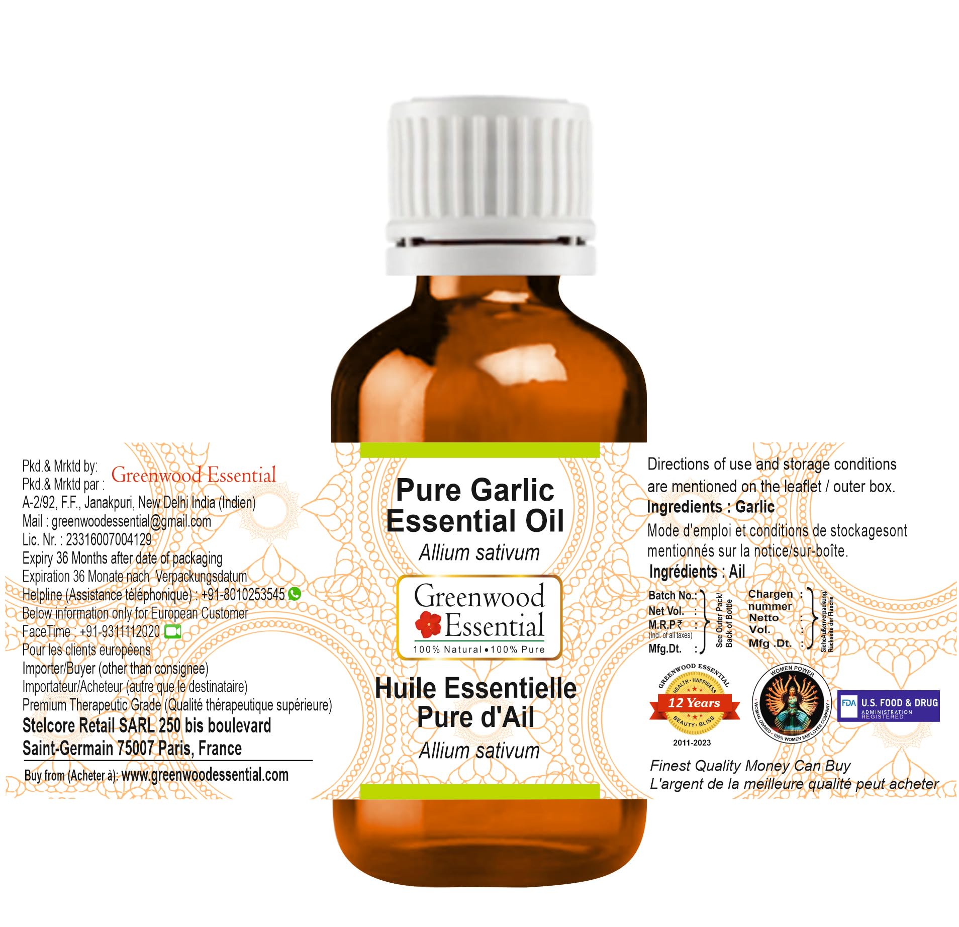 Greenwood Essential Garlic Oil label highlights single-ingredient formula and cruelty-free sourcing