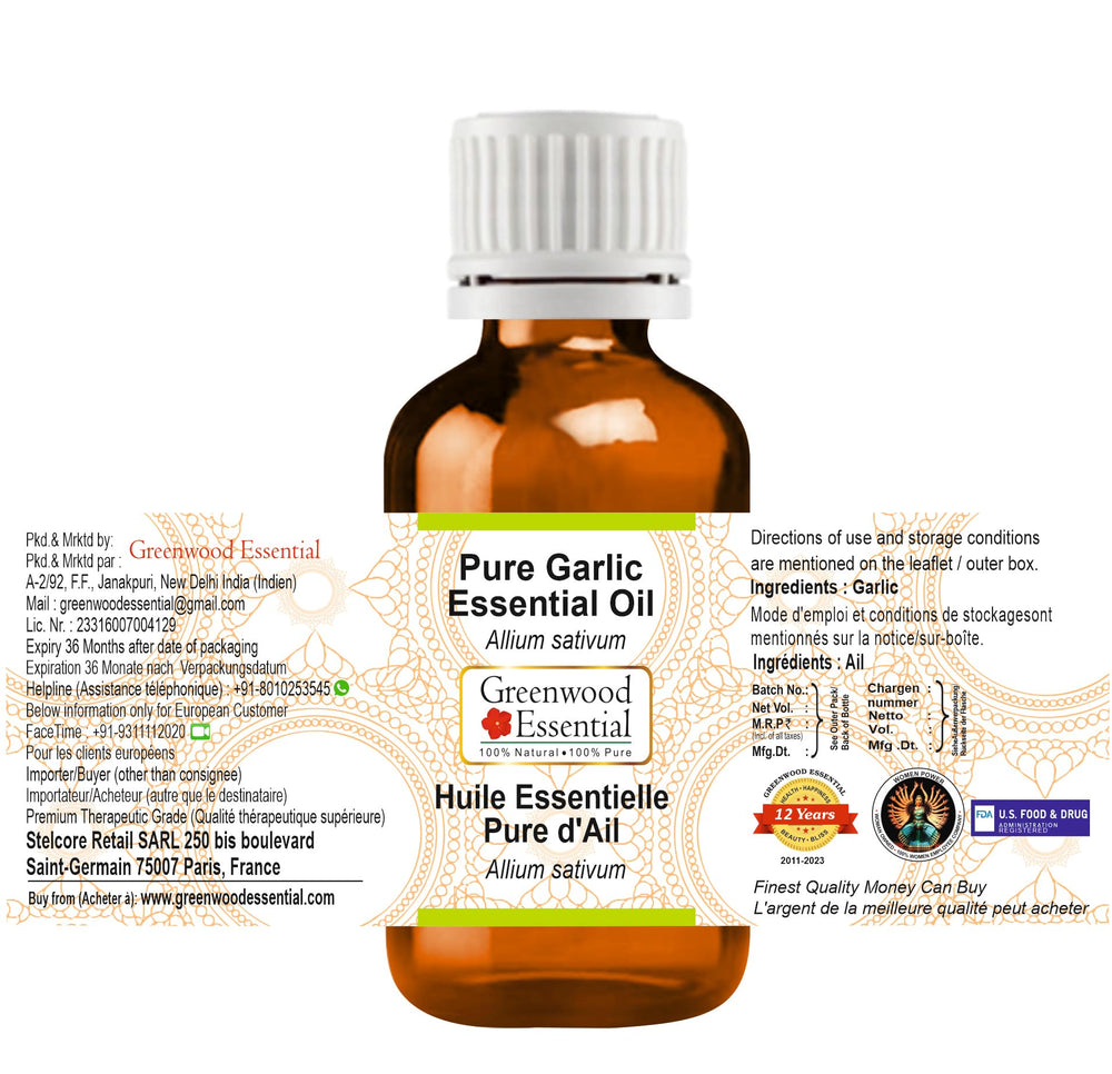 Greenwood Essential Garlic Oil label highlights single-ingredient formula and cruelty-free sourcing