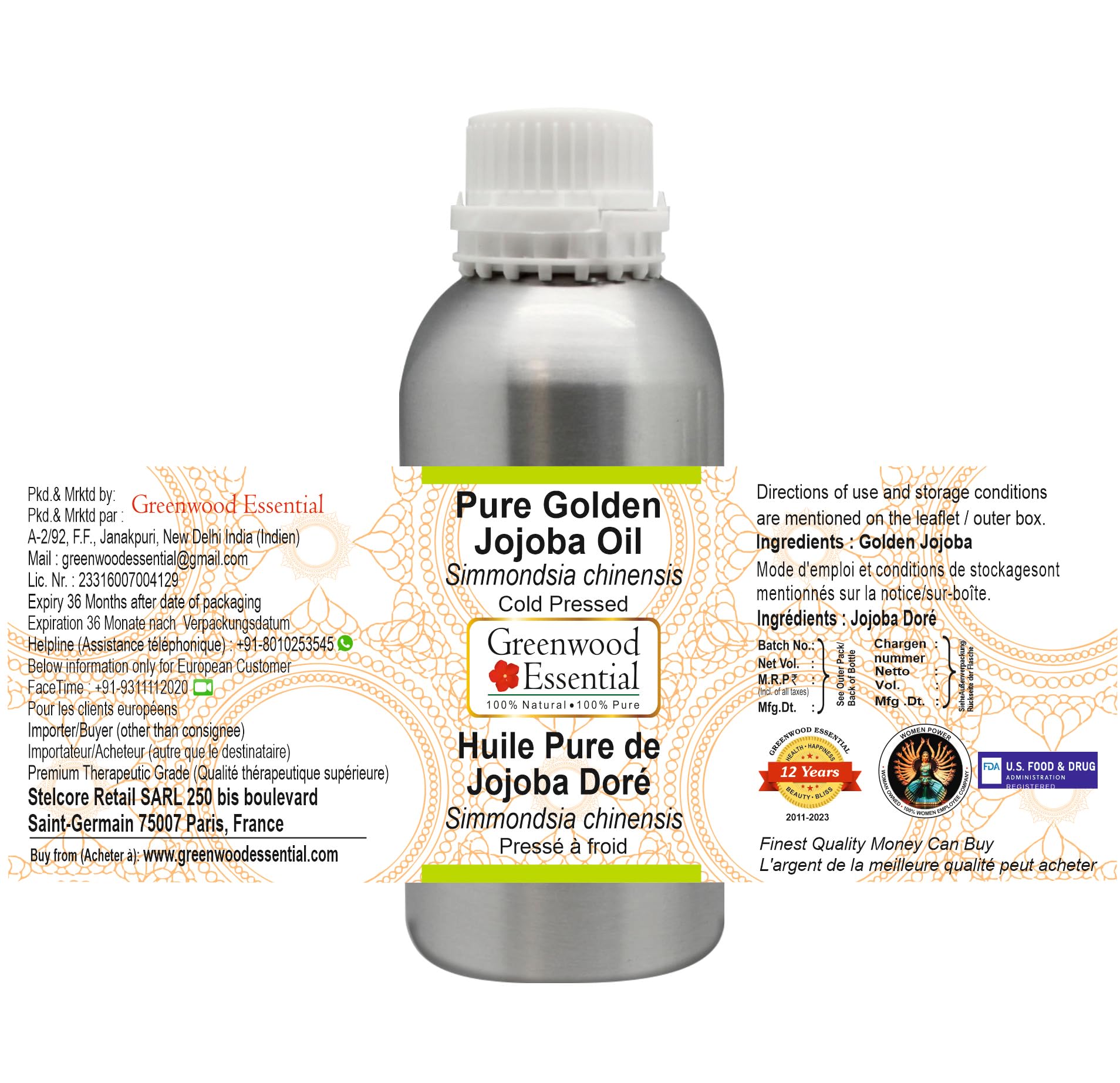 Greenwood Essential Golden Jojoba Oil label highlights cold-pressed origin and clean ingredients.