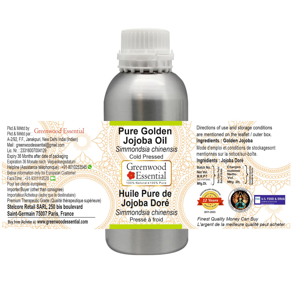 Greenwood Essential Golden Jojoba Oil label highlights cold-pressed origin and clean ingredients.