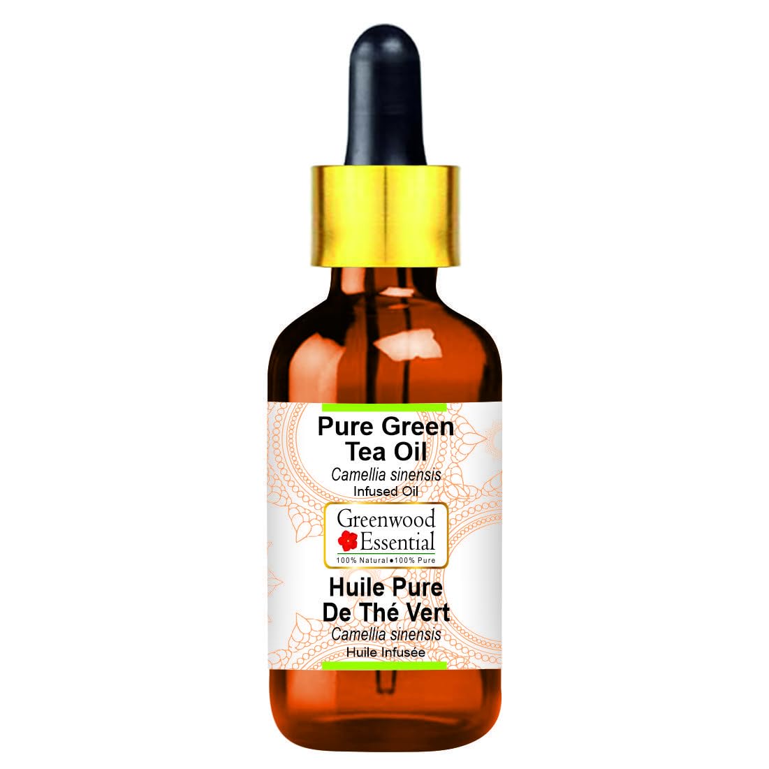 Greenwood Essential Green Tea Oil bottle with dropper, showcasing purity and precision dosing.