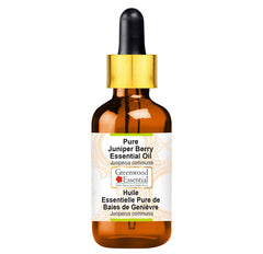 Greenwood Essential juniper berry essential oil bottle for pure aroma and skincare prep.