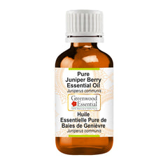 Greenwood Essential Juniper Berry Oil bottle pour highlights pure, refreshing aroma ideal for baths or diffusers.