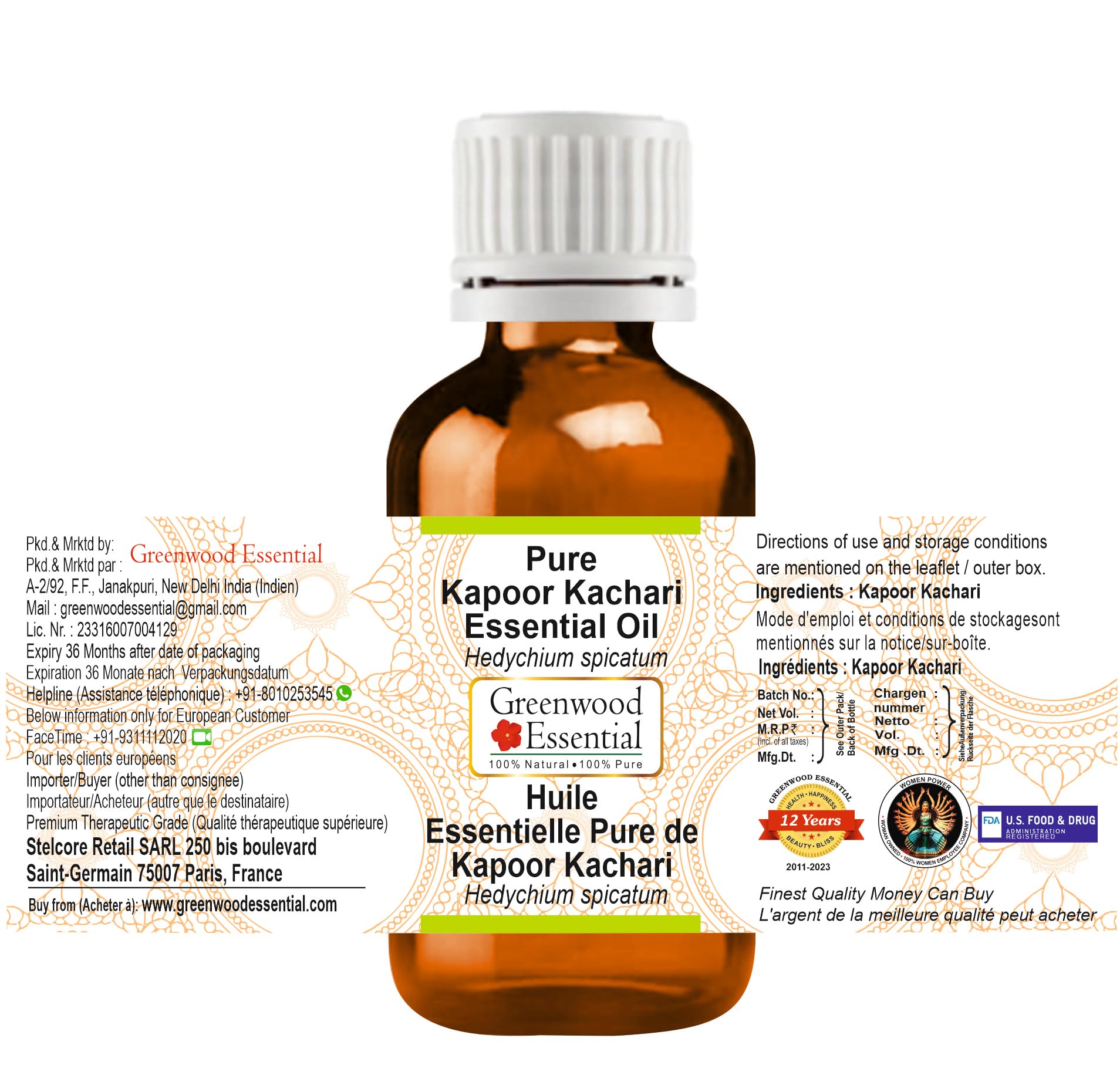 Greenwood Essential Kapoor Kachari oil label detail highlights steam-distilled purity