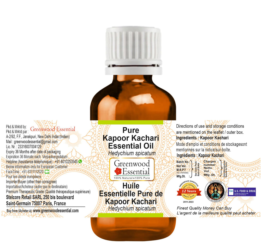 Greenwood Essential Kapoor Kachari oil label detail highlights steam-distilled purity
