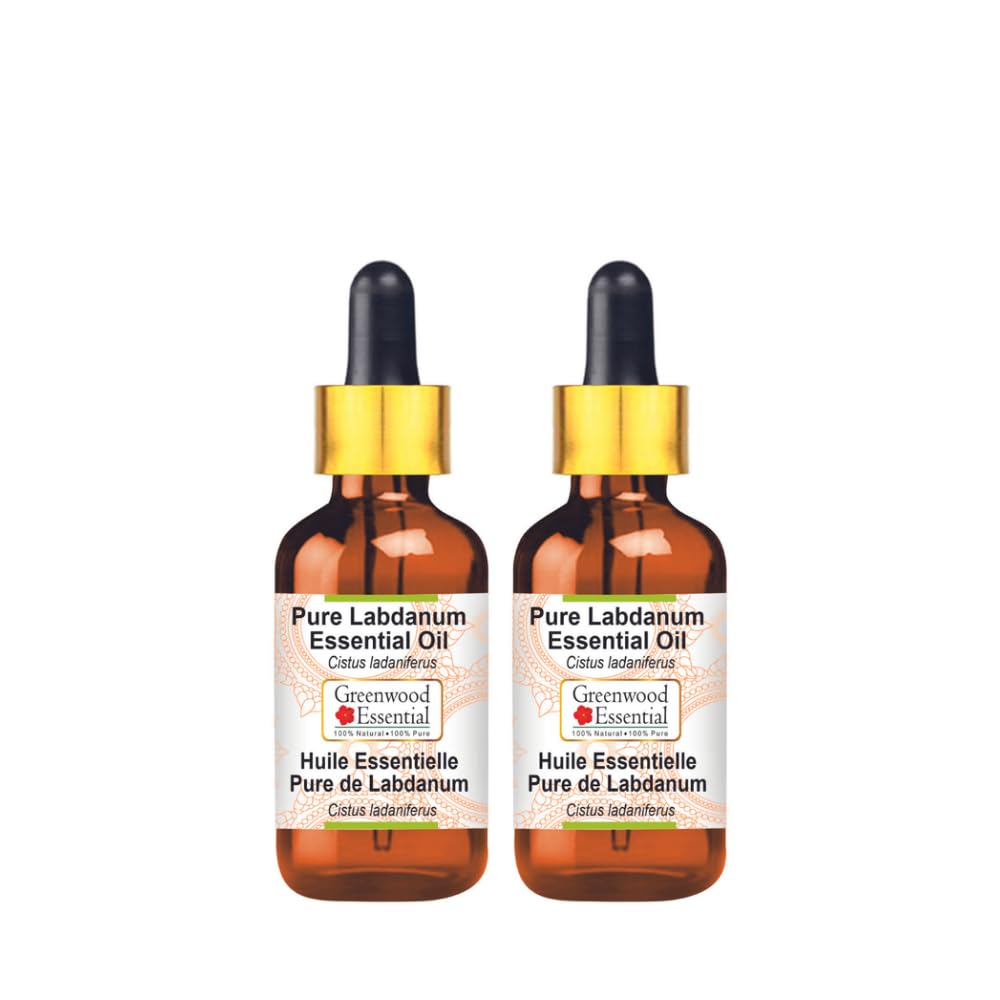 Greenwood Essential Labdanum oil bottle with two droppers for precise dosing